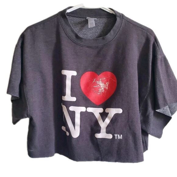 I Love New York Crop Top Cut Off Shirt Gray Women's Small- LARGE - Picture 1 of 8